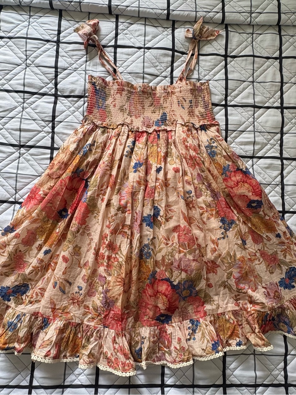 Zimmermann Peach Floral Tie-Shoulder Sundress for Girls